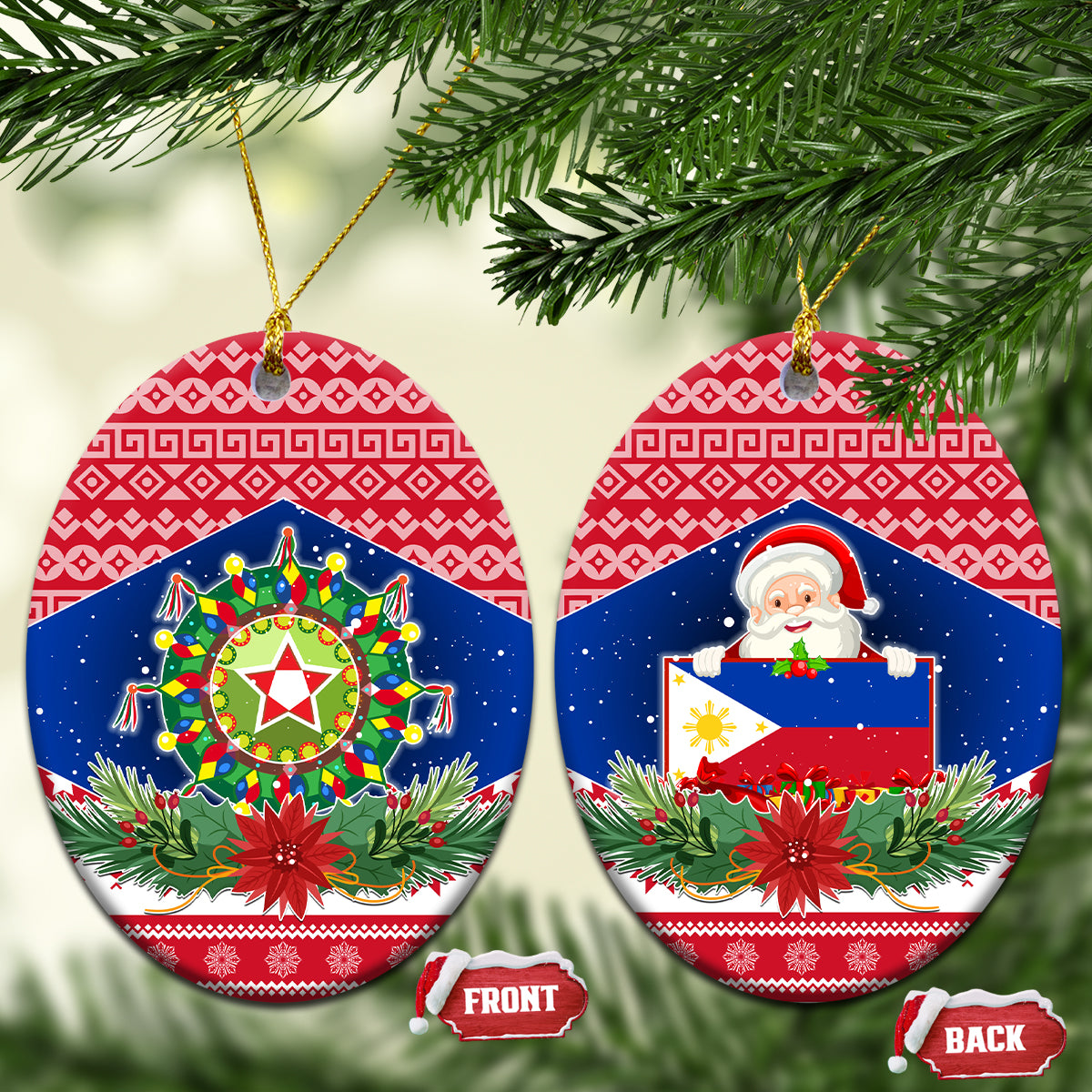 Philippines Christmas Ceramic Ornament Filipino Parol Maligayang Pasko LT05 Oval Red - Polynesian Pride