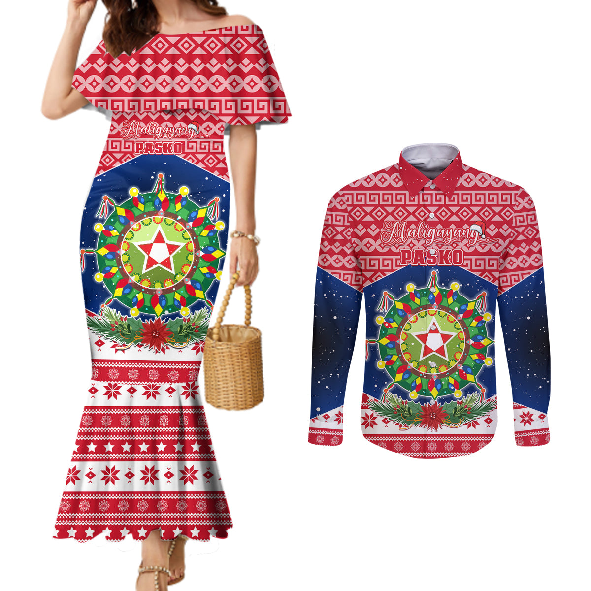 Personalised Philippines Christmas Couples Matching Mermaid Dress and Long Sleeve Button Shirt Filipino Parol Maligayang Pasko LT05 Red - Polynesian Pride