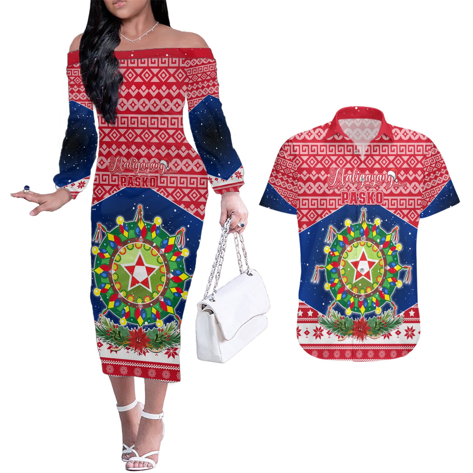 Personalised Philippines Christmas Couples Matching Off The Shoulder Long Sleeve Dress and Hawaiian Shirt Filipino Parol Maligayang Pasko LT05 Red - Polynesian Pride