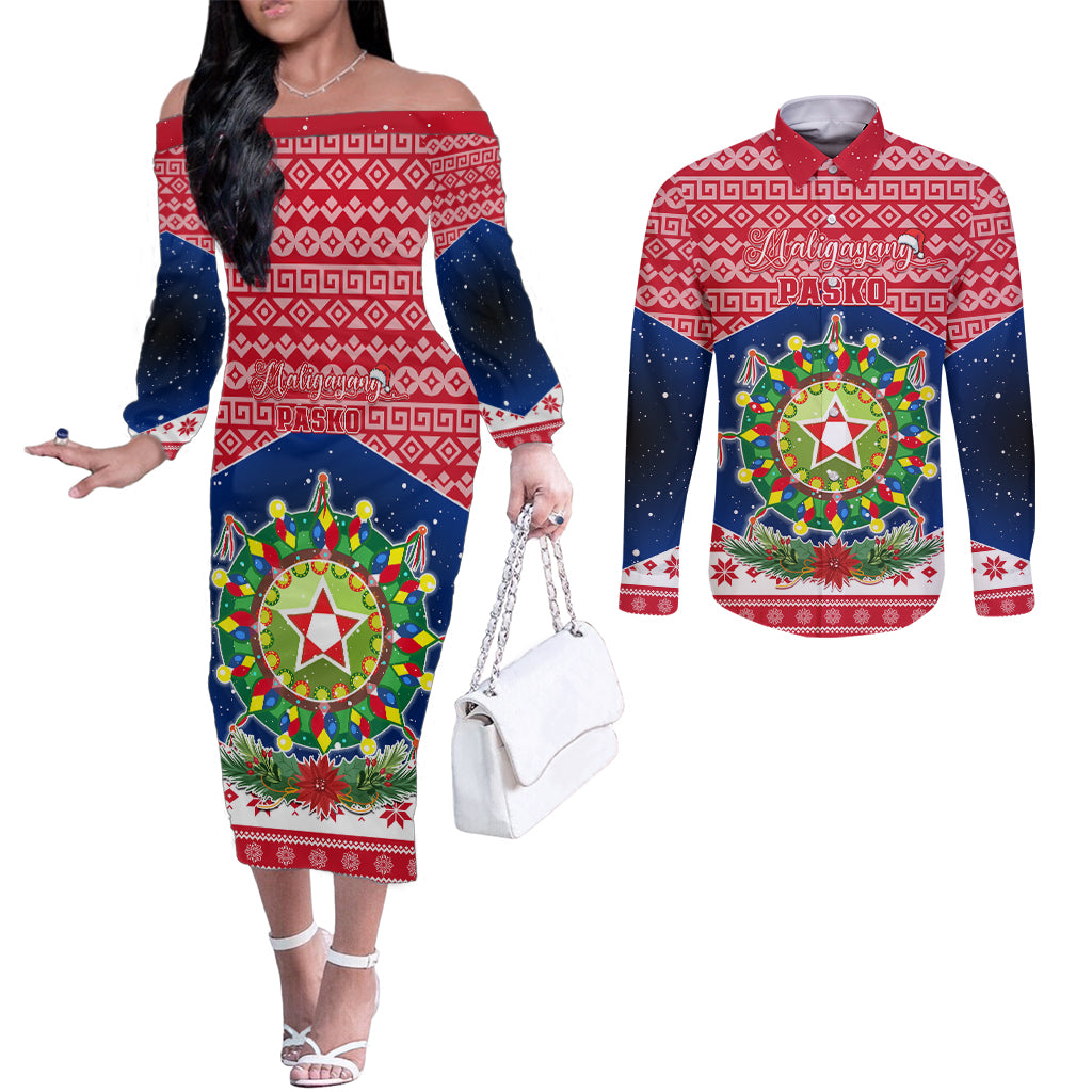 Personalised Philippines Christmas Couples Matching Off The Shoulder Long Sleeve Dress and Long Sleeve Button Shirt Filipino Parol Maligayang Pasko LT05 Red - Polynesian Pride