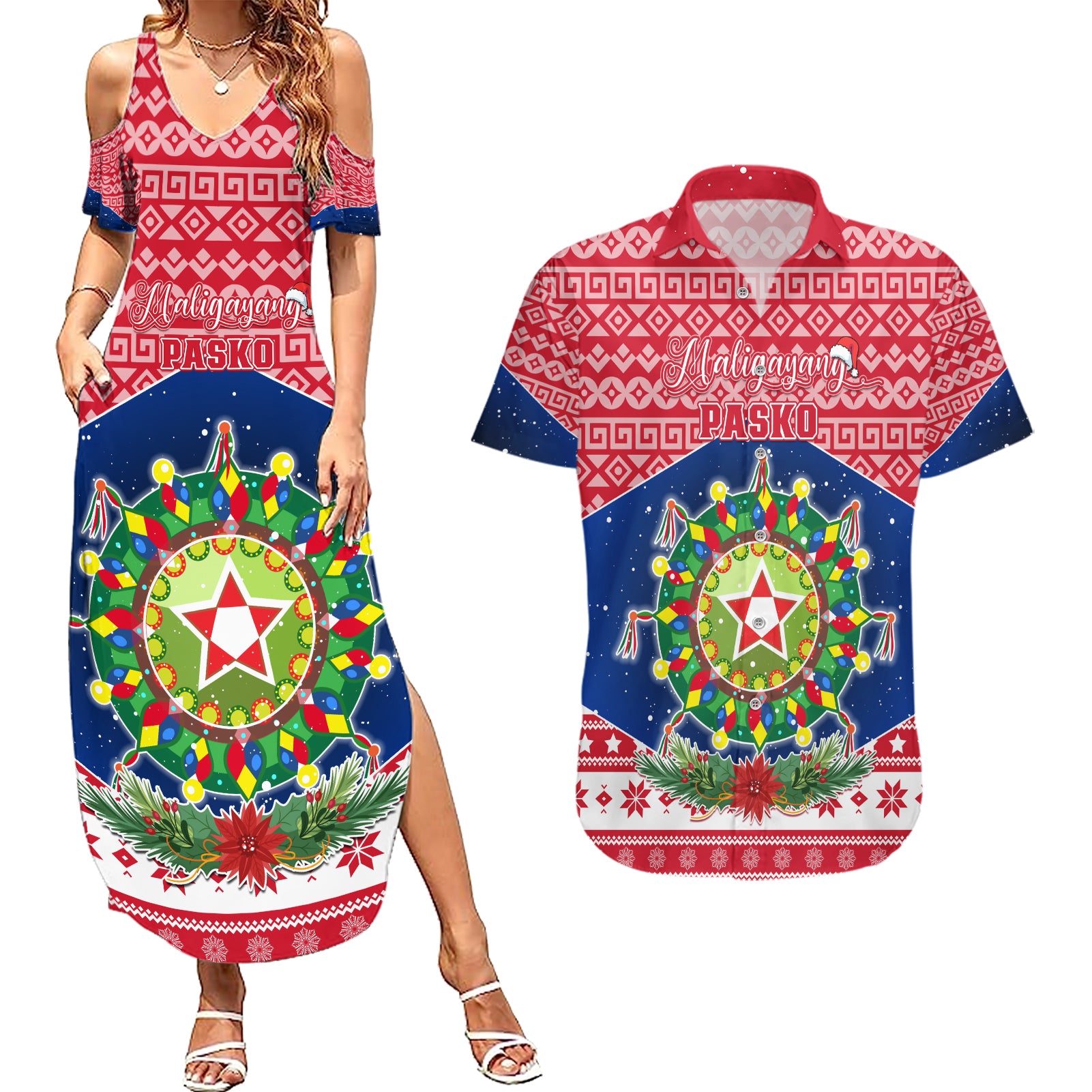 Personalised Philippines Christmas Couples Matching Summer Maxi Dress and Hawaiian Shirt Filipino Parol Maligayang Pasko LT05 Red - Polynesian Pride