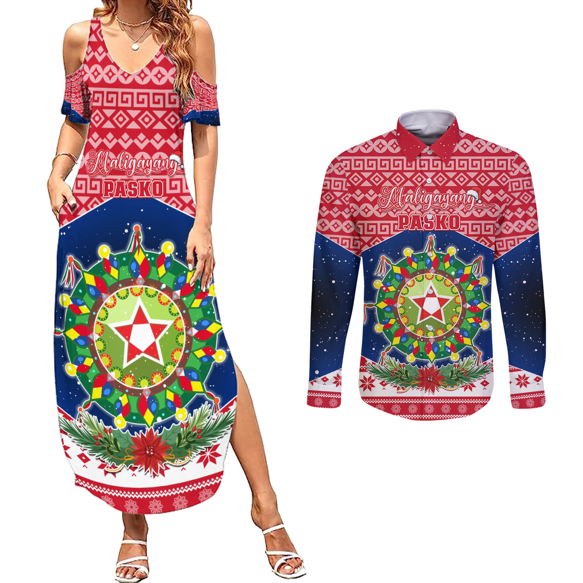 Personalised Philippines Christmas Couples Matching Summer Maxi Dress and Long Sleeve Button Shirt Filipino Parol Maligayang Pasko LT05 Red - Polynesian Pride