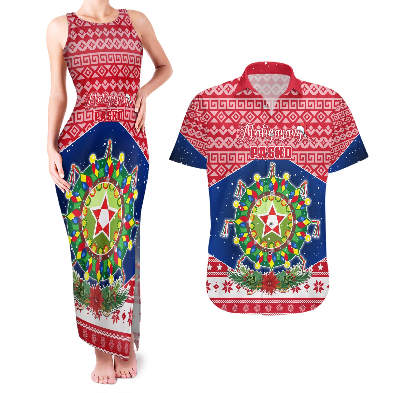 Personalised Philippines Christmas Couples Matching Tank Maxi Dress and Hawaiian Shirt Filipino Parol Maligayang Pasko LT05 Red - Polynesian Pride