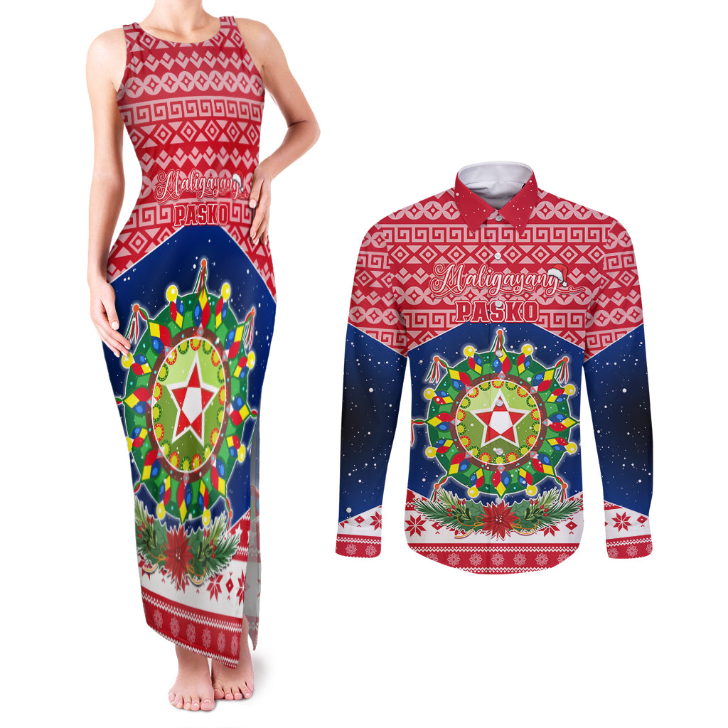 Personalised Philippines Christmas Couples Matching Tank Maxi Dress and Long Sleeve Button Shirt Filipino Parol Maligayang Pasko LT05 Red - Polynesian Pride