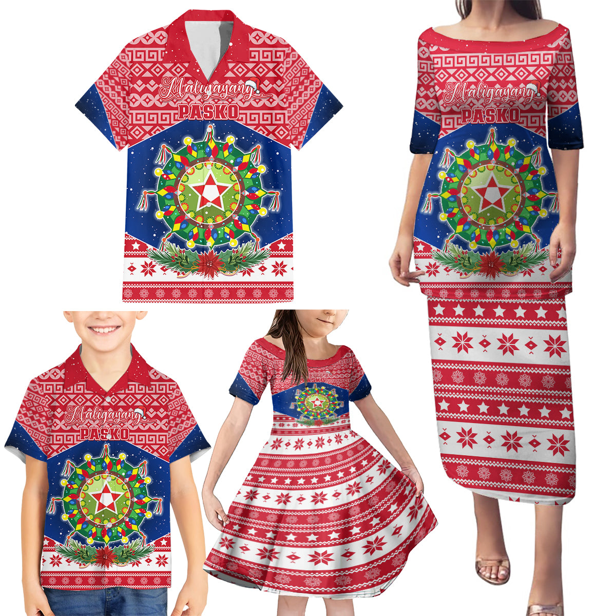 Personalised Philippines Christmas Family Matching Puletasi Dress and Hawaiian Shirt Filipino Parol Maligayang Pasko LT05 - Polynesian Pride