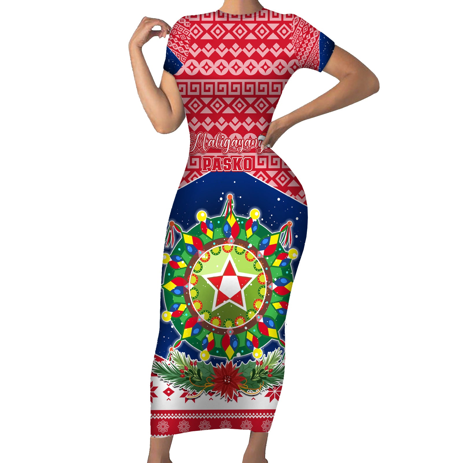 Personalised Philippines Christmas Short Sleeve Bodycon Dress Filipino Parol Maligayang Pasko LT05 Long Dress Red - Polynesian Pride