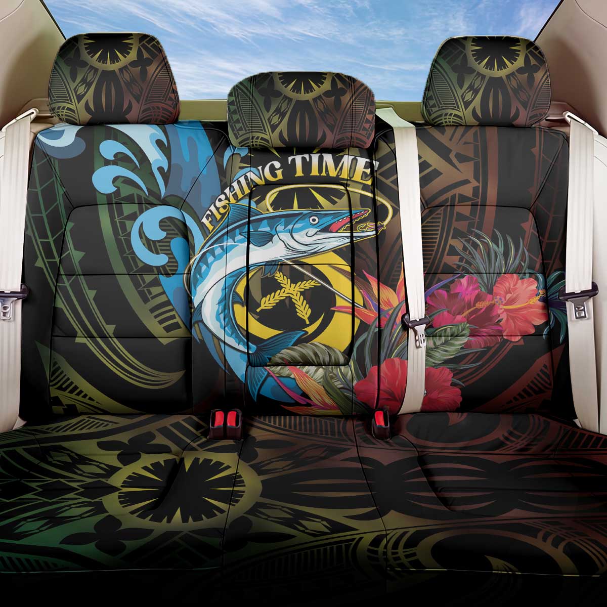 Vanuatu Fishing Back Car Seat Cover It's Time To Fish LT05 One Size Black - Polynesian Pride