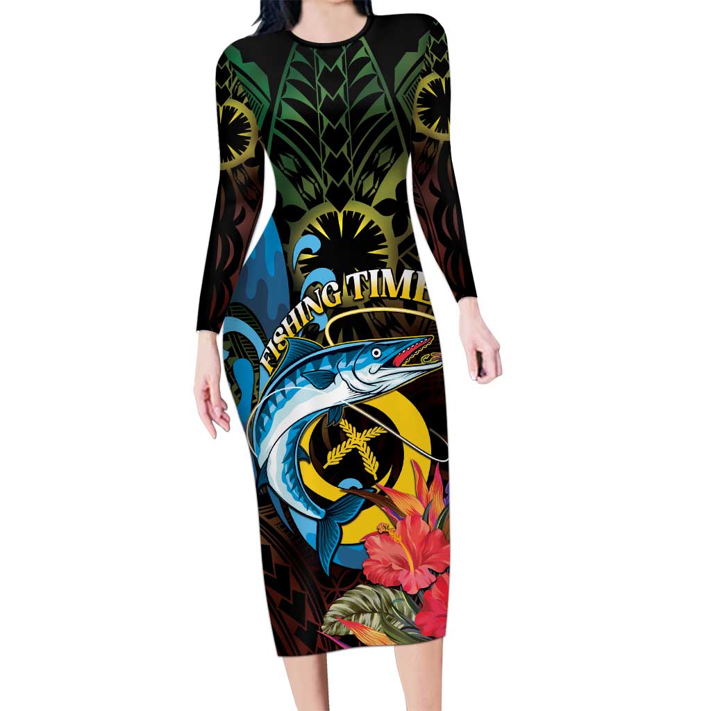 Vanuatu Fishing Long Sleeve Bodycon Dress It's Time To Fish LT05 Long Dress Black - Polynesian Pride