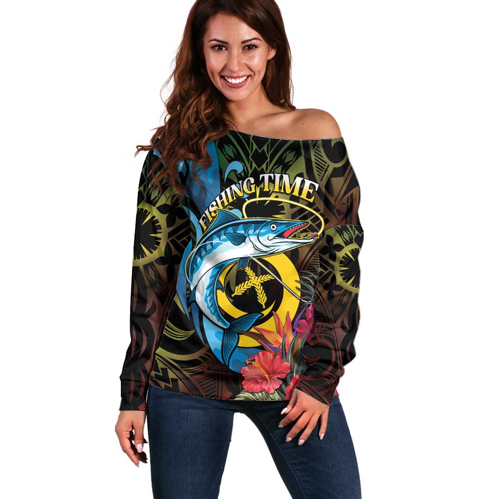 Vanuatu Fishing Off Shoulder Sweater It's Time To Fish LT05 Women Black - Polynesian Pride