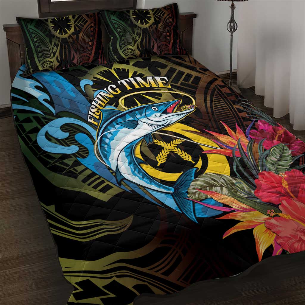 Vanuatu Fishing Quilt Bed Set It's Time To Fish LT05 Black - Polynesian Pride
