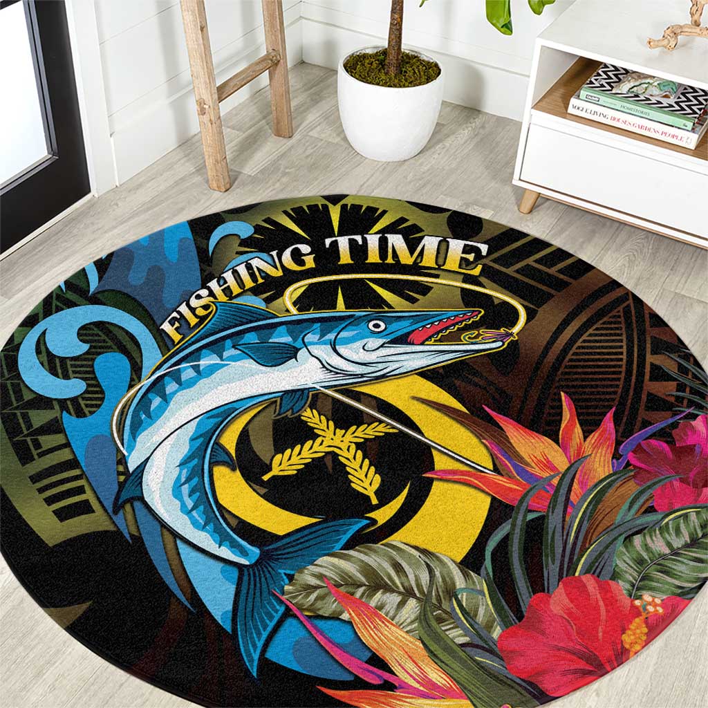 Vanuatu Fishing Round Carpet It's Time To Fish LT05 Black - Polynesian Pride