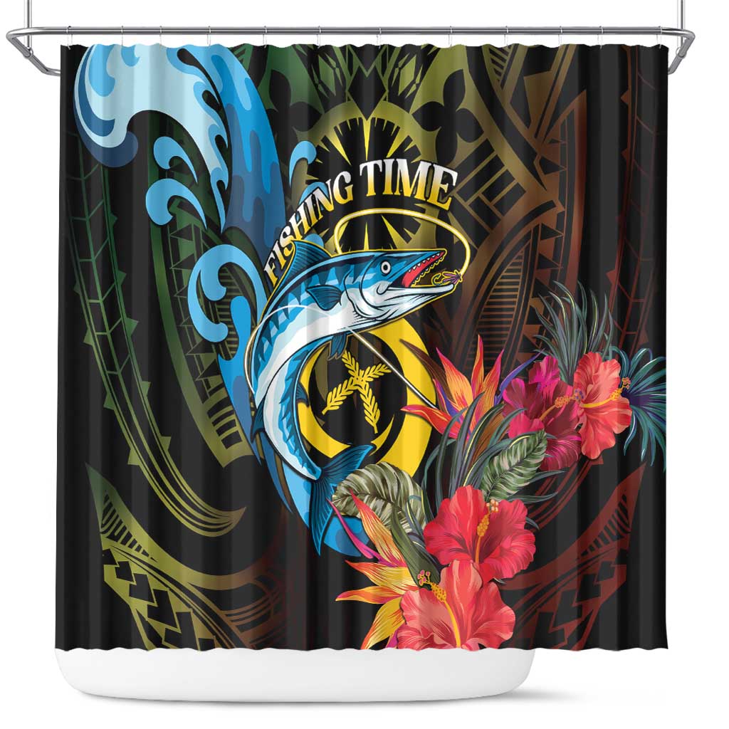 Vanuatu Fishing Shower Curtain It's Time To Fish LT05 Black - Polynesian Pride