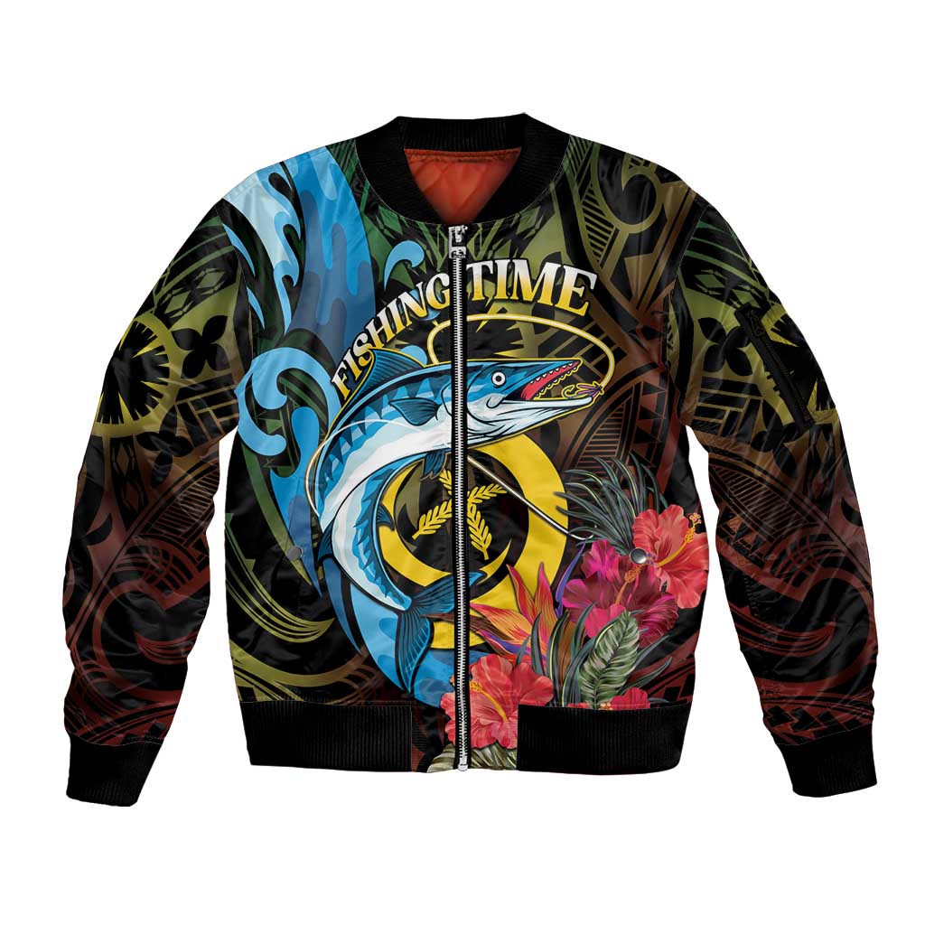 Vanuatu Fishing Sleeve Zip Bomber Jacket It's Time To Fish LT05 Unisex Black - Polynesian Pride