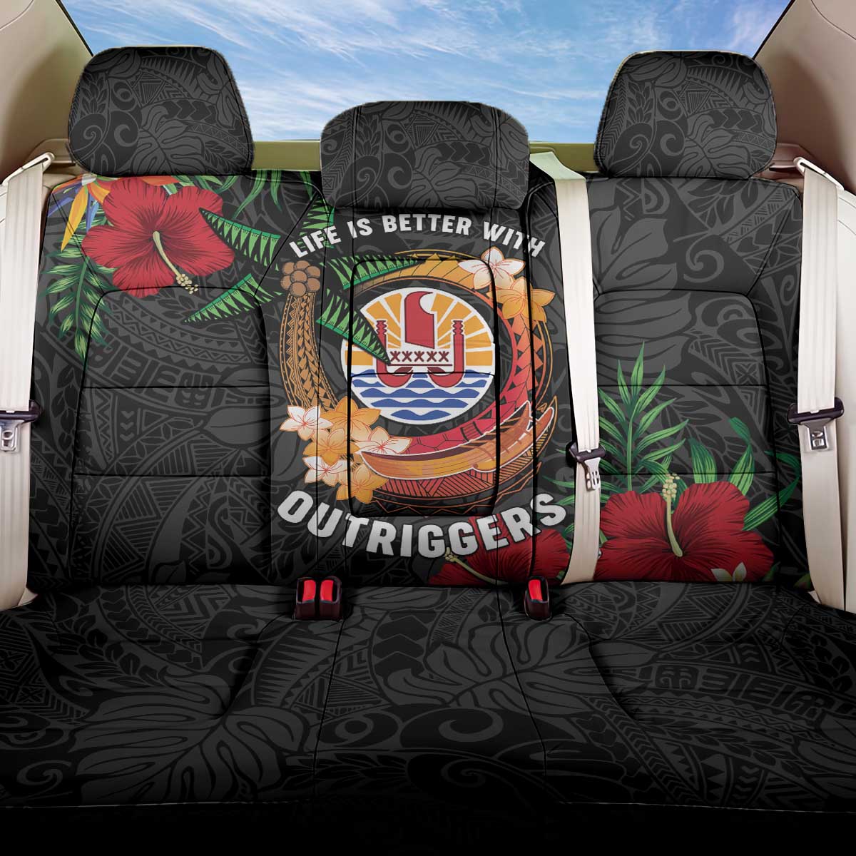 French Polynesia Outrigger Canoe Race Back Car Seat Cover Tropical Vibe LT05 One Size Black - Polynesian Pride