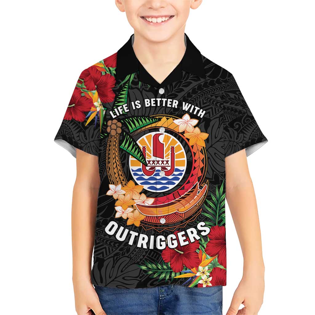 Personalised French Polynesia Outrigger Canoe Race Kid Hawaiian Shirt Tropical Vibe LT05 Kid Black - Polynesian Pride