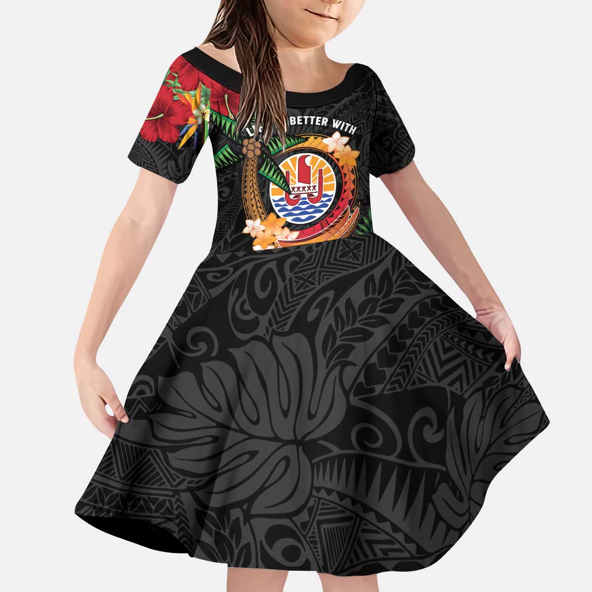 Personalised French Polynesia Outrigger Canoe Race Kid Short Sleeve Dress Tropical Vibe LT05 KID Black - Polynesian Pride