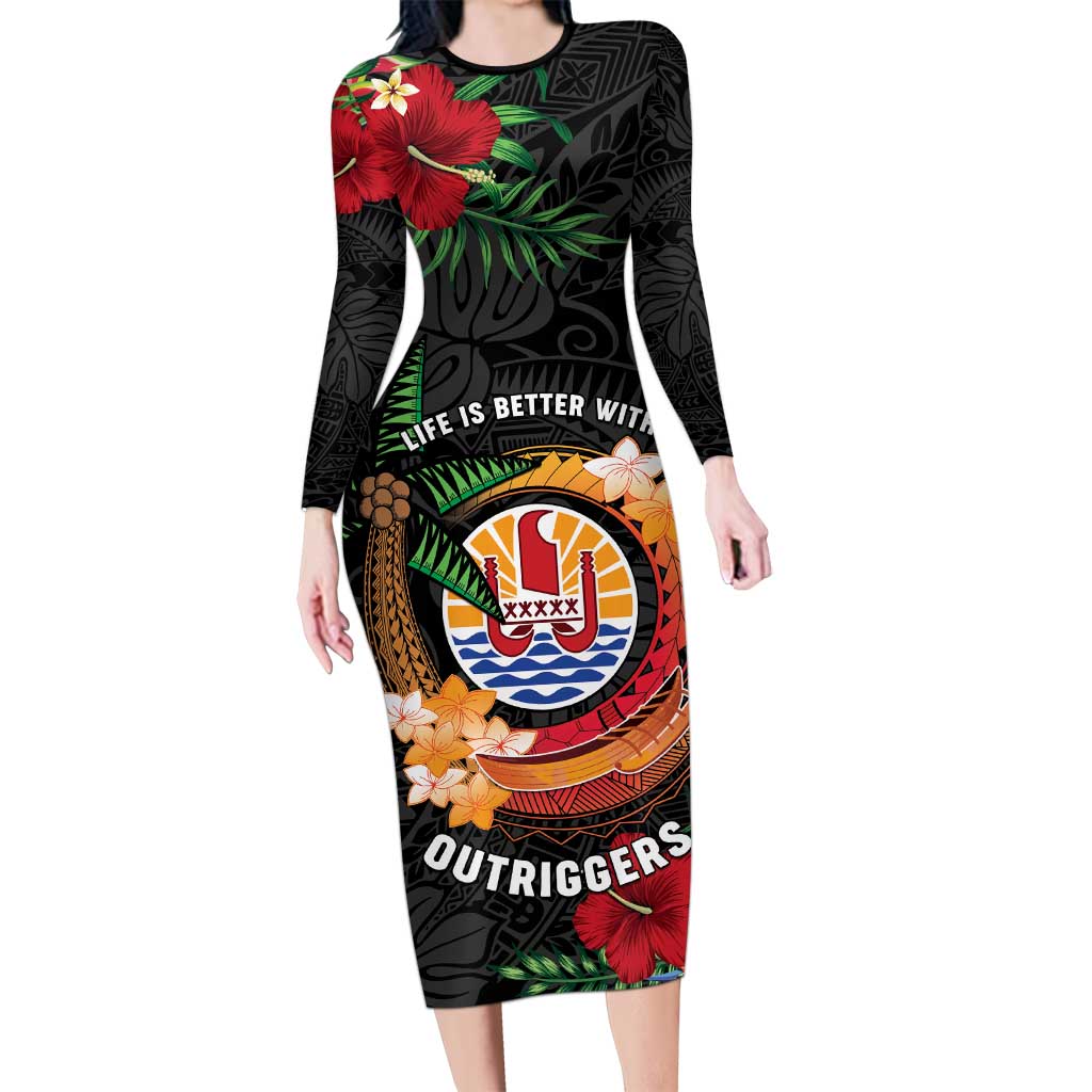 Personalised French Polynesia Outrigger Canoe Race Long Sleeve Bodycon Dress Tropical Vibe LT05 Long Dress Black - Polynesian Pride