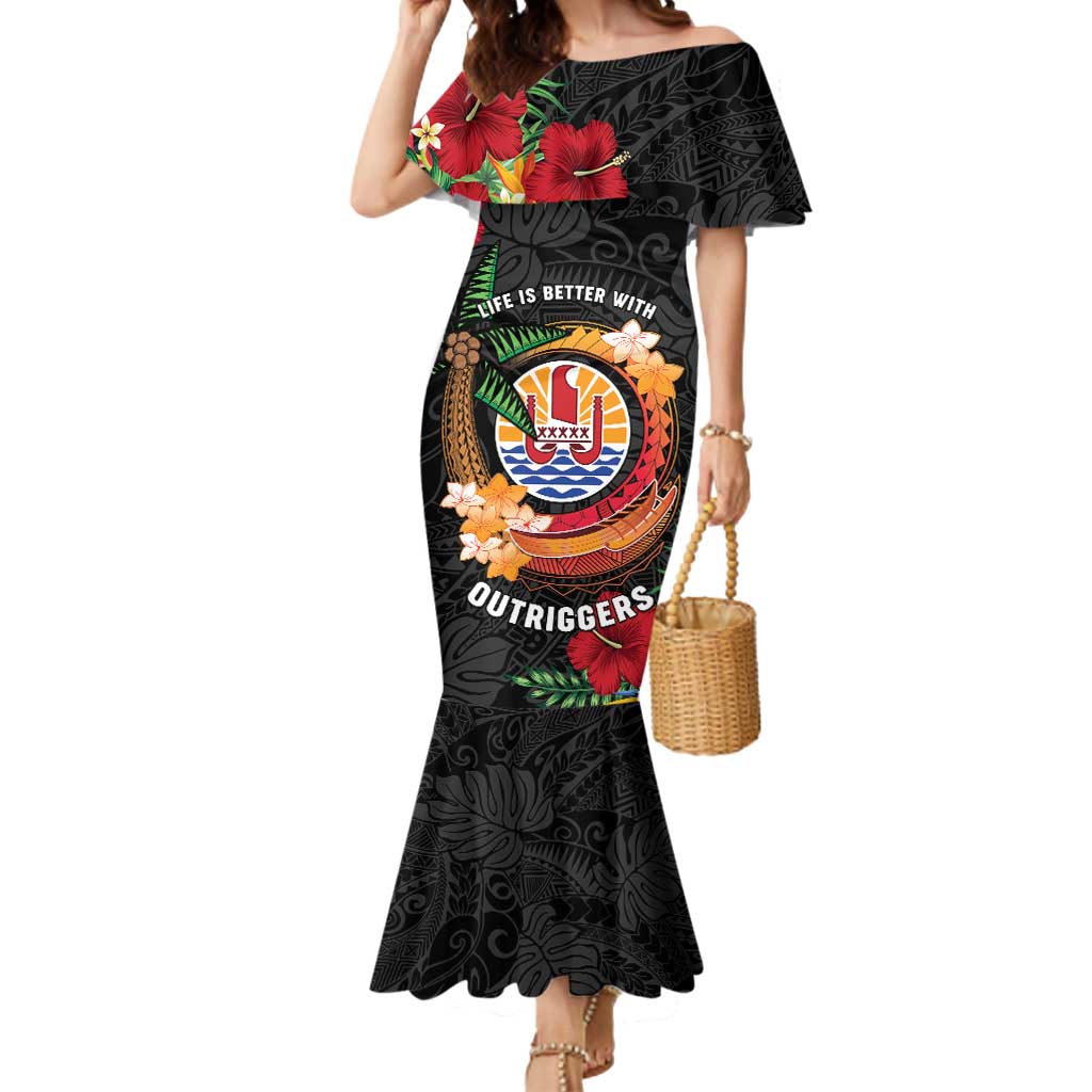 Personalised French Polynesia Outrigger Canoe Race Mermaid Dress Tropical Vibe LT05 Women Black - Polynesian Pride