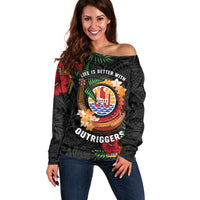Personalised French Polynesia Outrigger Canoe Race Off Shoulder Sweater Tropical Vibe LT05 Women Black - Polynesian Pride