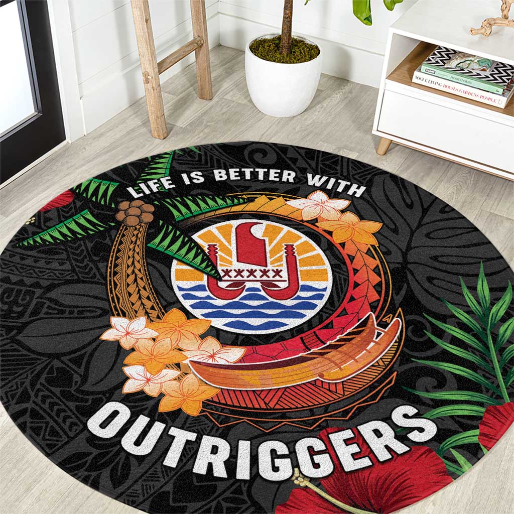 French Polynesia Outrigger Canoe Race Round Carpet Tropical Vibe LT05 Black - Polynesian Pride