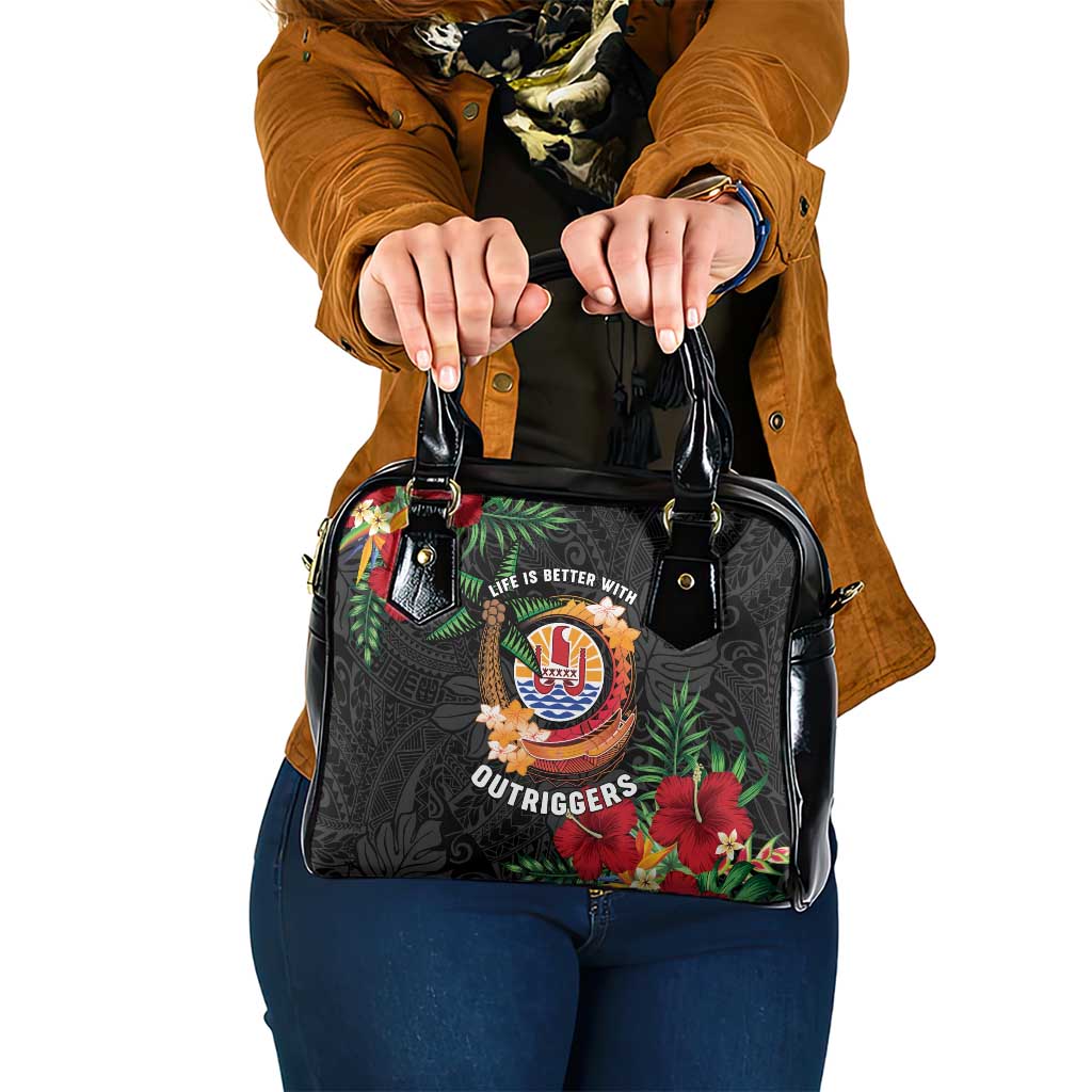 French Polynesia Outrigger Canoe Race Shoulder Handbag Tropical Vibe LT05 One Size Black - Polynesian Pride