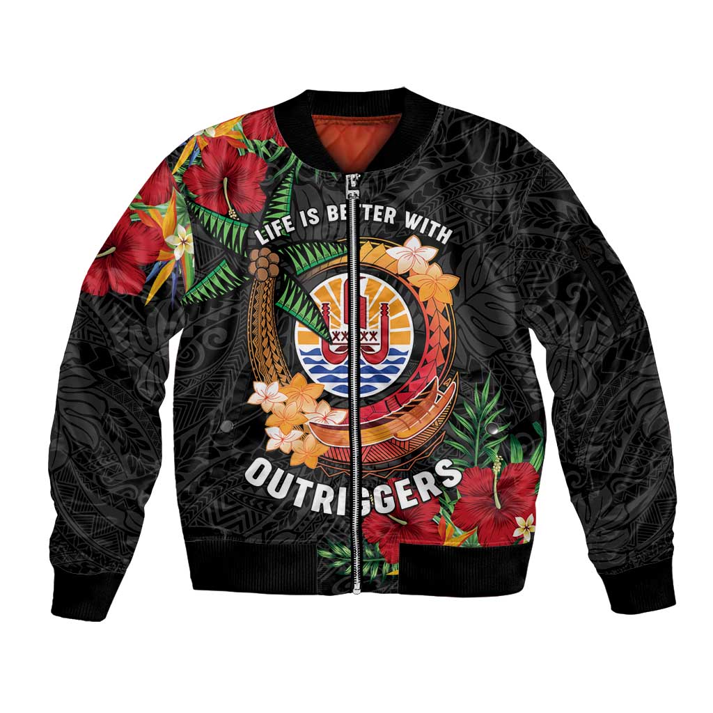 Personalised French Polynesia Outrigger Canoe Race Sleeve Zip Bomber Jacket Tropical Vibe LT05 Unisex Black - Polynesian Pride