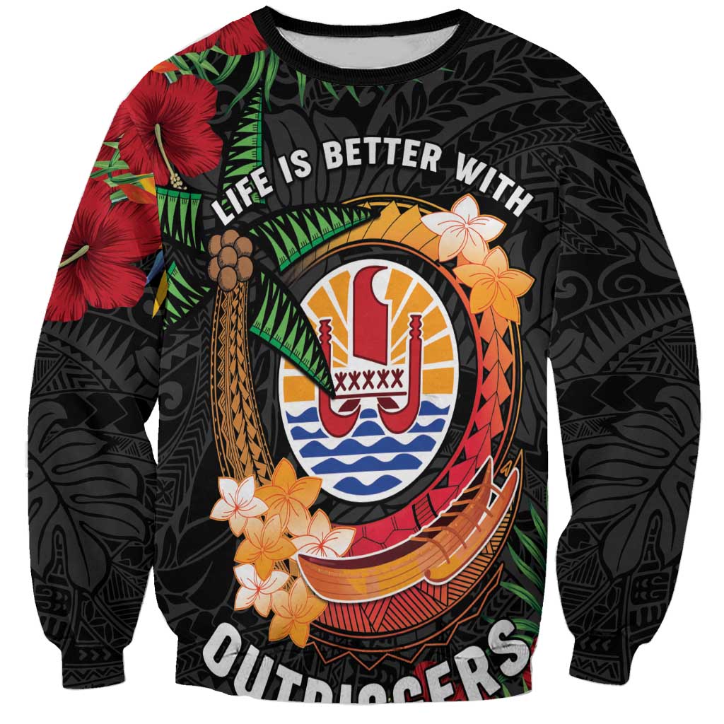 Personalised French Polynesia Outrigger Canoe Race Sweatshirt Tropical Vibe LT05 Unisex Black - Polynesian Pride