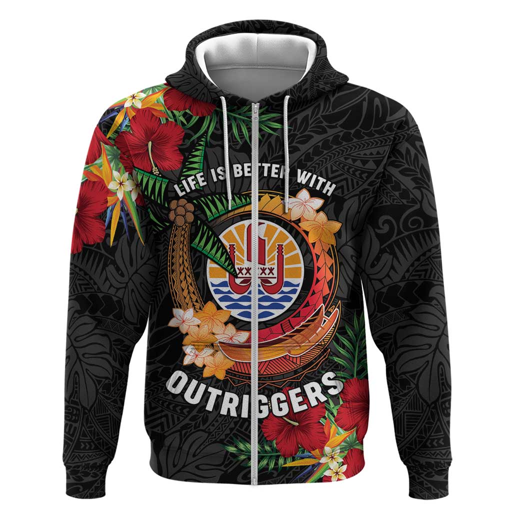 Personalised French Polynesia Outrigger Canoe Race Zip Hoodie Tropical Vibe LT05 Zip Hoodie Black - Polynesian Pride
