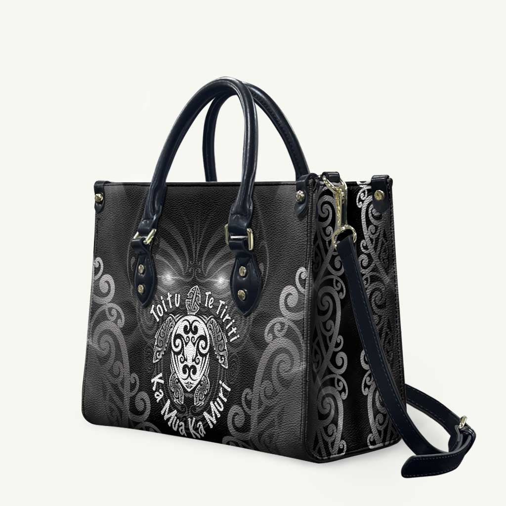 Aotearoa Toitu Te Tiriti Leather Bag Ka Mua Ka Muri LT05 Black - Polynesian Pride