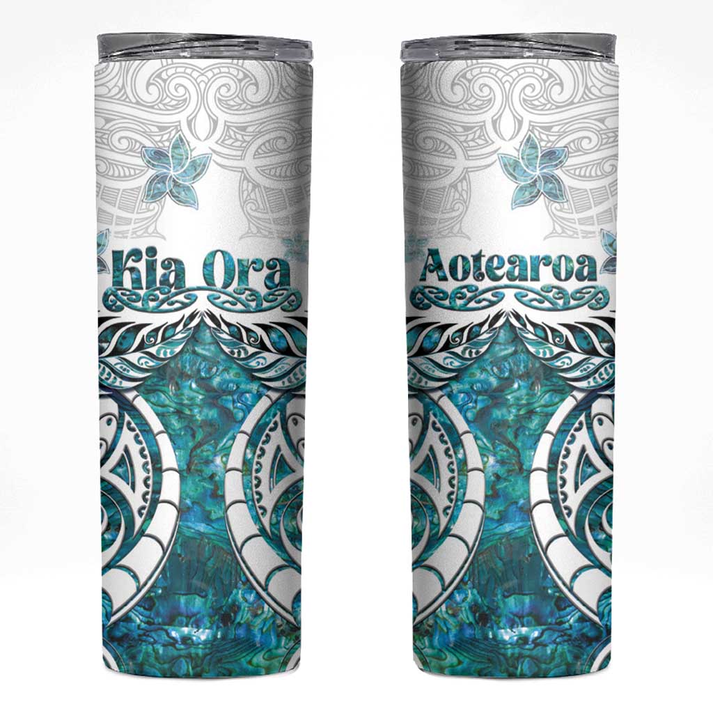 New Zealand Aotearoa Kia Ora Skinny Tumbler Paua Shell Maori Silver Fern