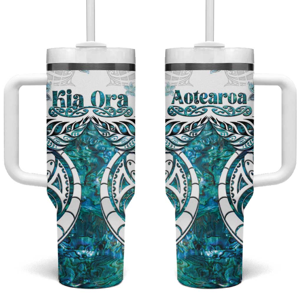 New Zealand Aotearoa Kia Ora Tumbler With Handle Paua Shell Maori Silver Fern LT05 One Size: 40 oz Turquoise - Polynesian Pride