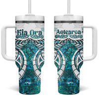 New Zealand Aotearoa Kia Ora Tumbler With Handle Paua Shell Maori Silver Fern LT05 One Size: 40 oz Turquoise - Polynesian Pride