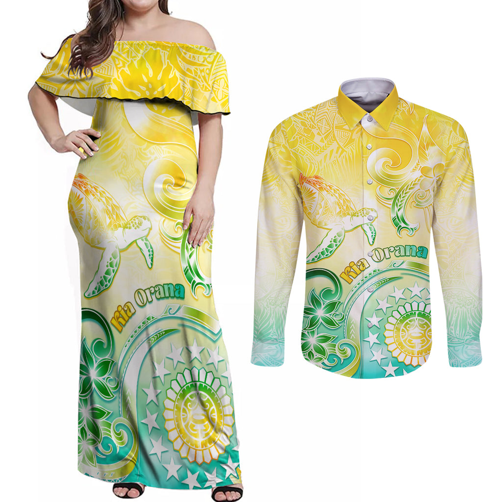 Personalised Cook Islands Kia Orana Couples Matching Off Shoulder Maxi Dress and Long Sleeve Button Shirt Polynesian Turtle With Circle Stars LT05 Yellow - Polynesian Pride