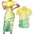 Personalised Cook Islands Kia Orana Couples Matching Short Sleeve Bodycon Dress and Hawaiian Shirt Polynesian Turtle With Circle Stars LT05 Yellow - Polynesian Pride