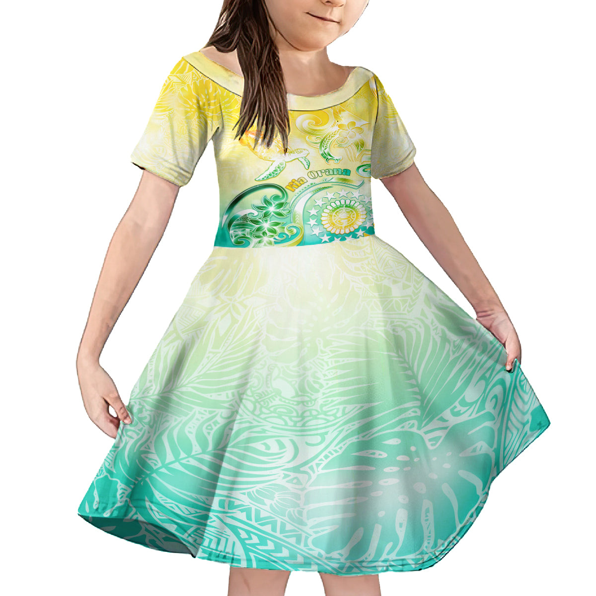 Personalised Cook Islands Kia Orana Kid Short Sleeve Dress Polynesian Turtle With Circle Stars LT05 KID Yellow - Polynesian Pride