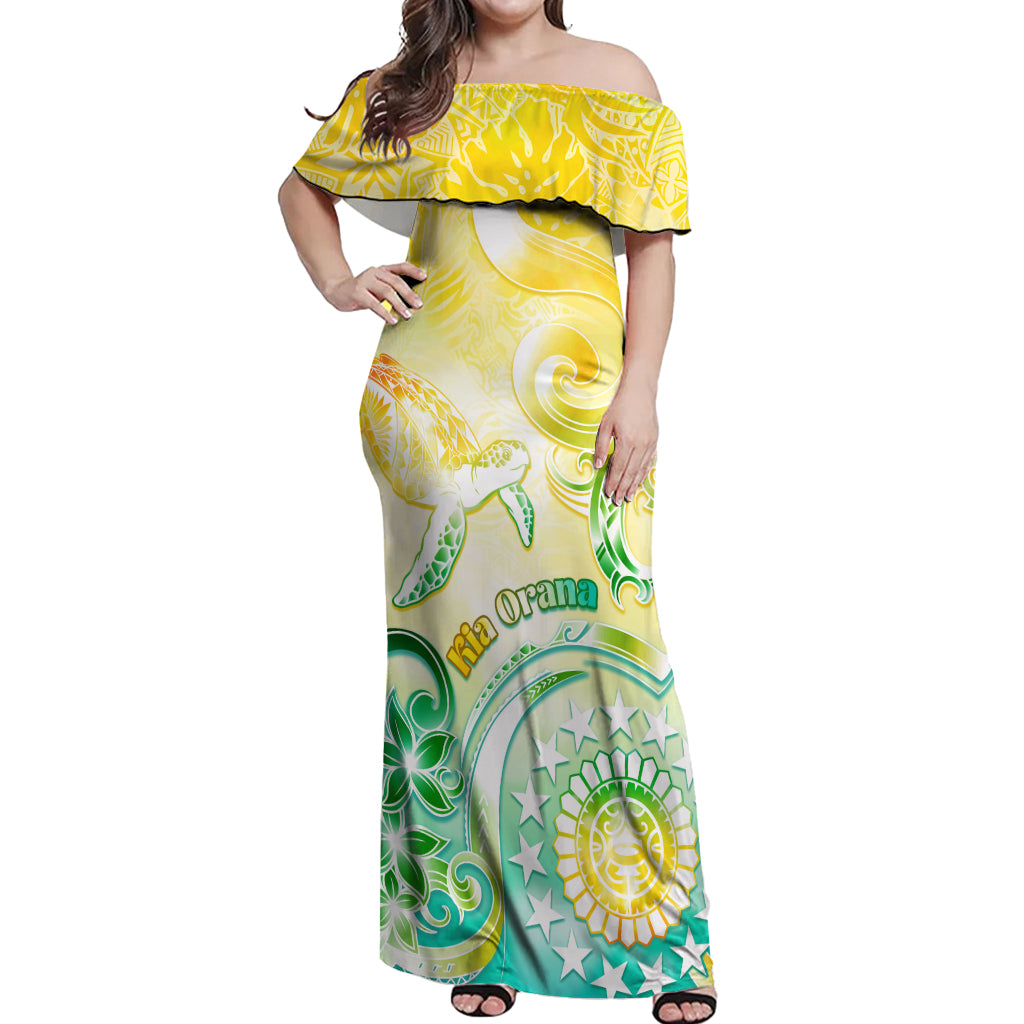 Personalised Cook Islands Kia Orana Off Shoulder Maxi Dress Polynesian Turtle With Circle Stars LT05 Women Yellow - Polynesian Pride