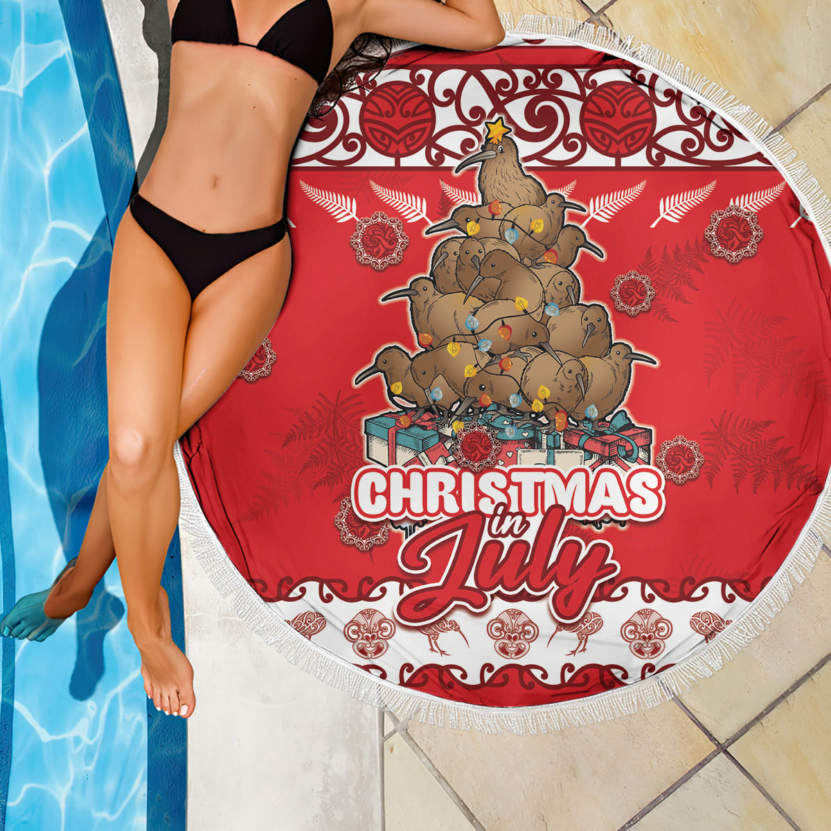 New Zealand Christmas In July Beach Blanket Maori Kiwi Xmas Tree - Red LT05 - Polynesian Pride
