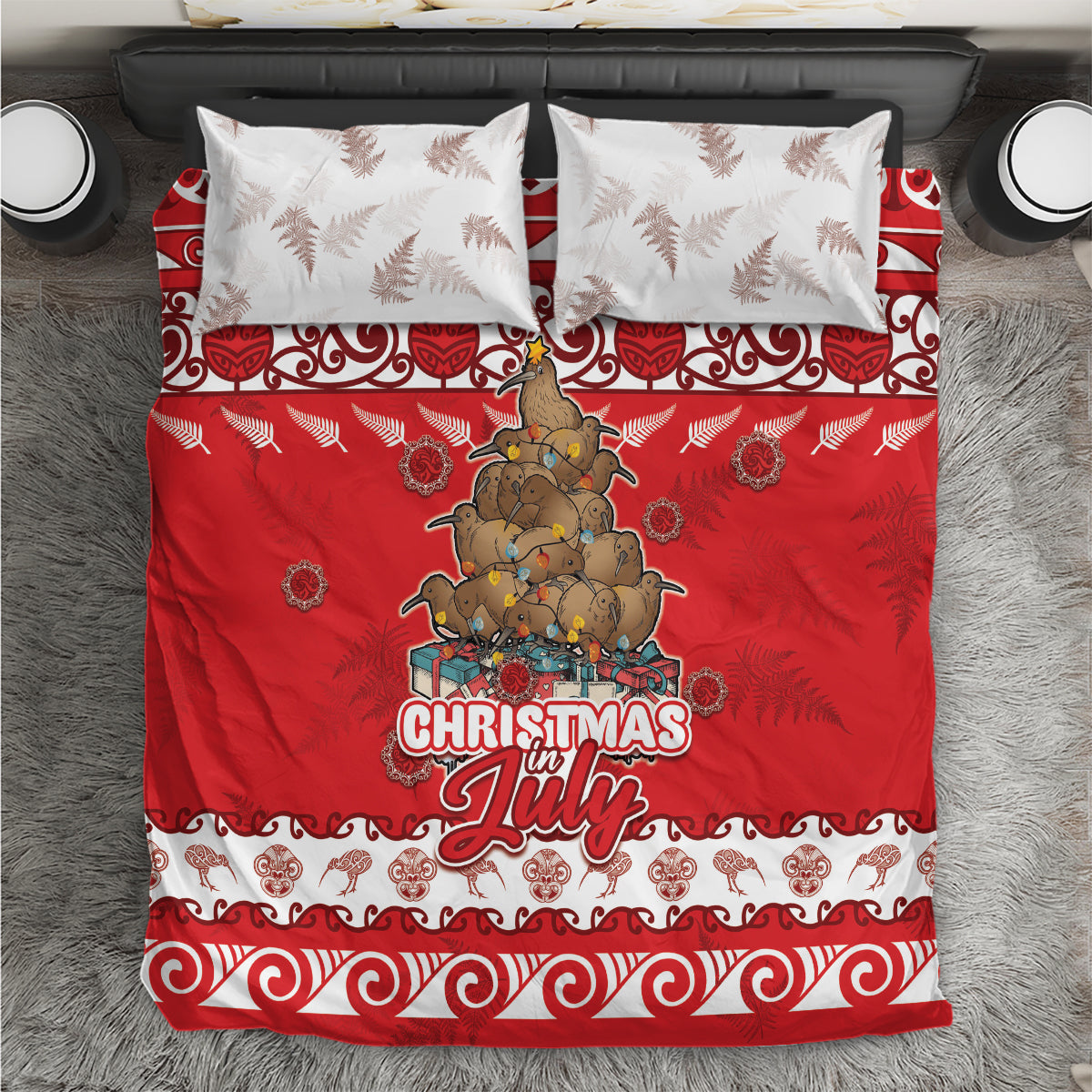 New Zealand Christmas In July Bedding Set Maori Kiwi Xmas Tree - Red