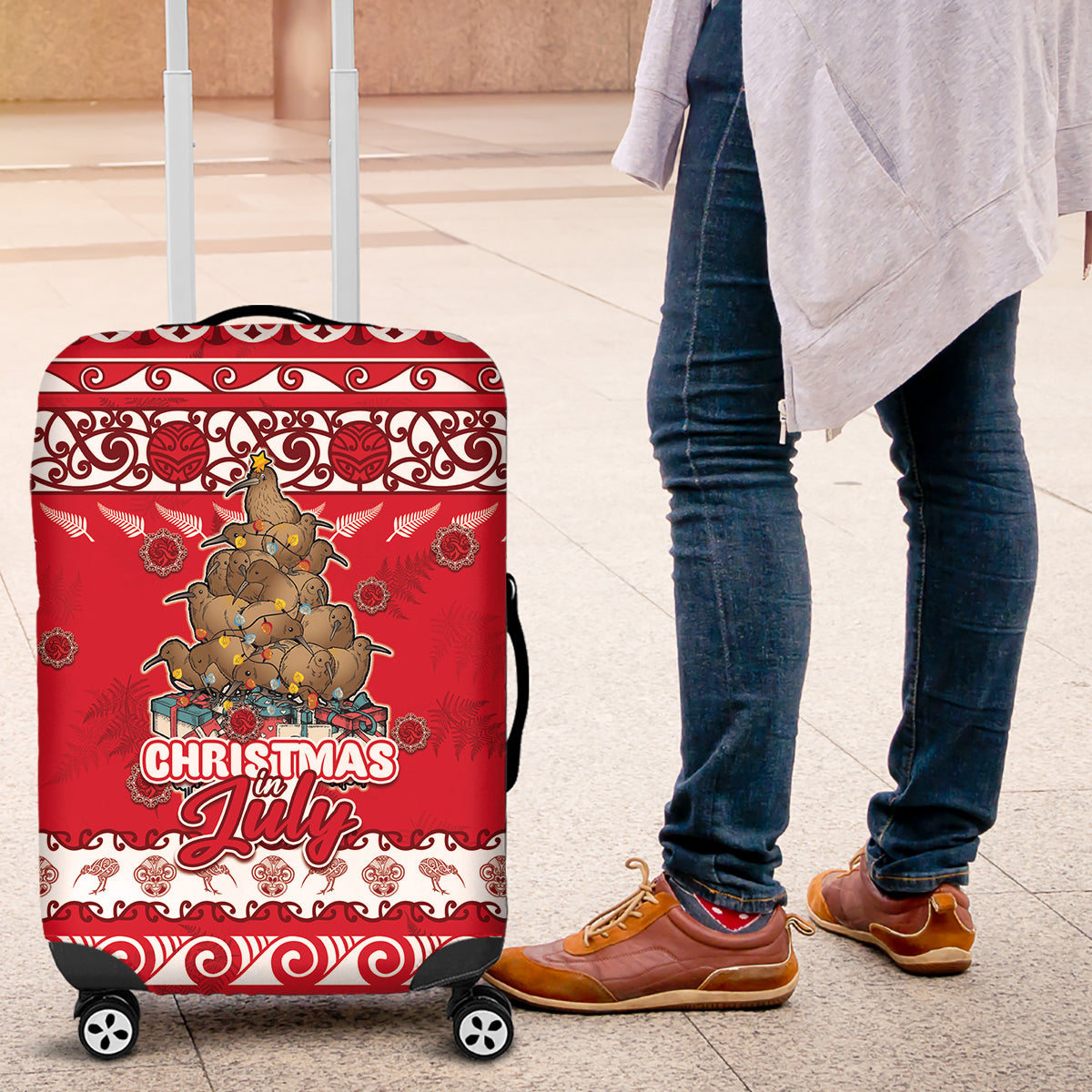 New Zealand Christmas In July Luggage Cover Maori Kiwi Xmas Tree - Red LT05 Red - Polynesian Pride