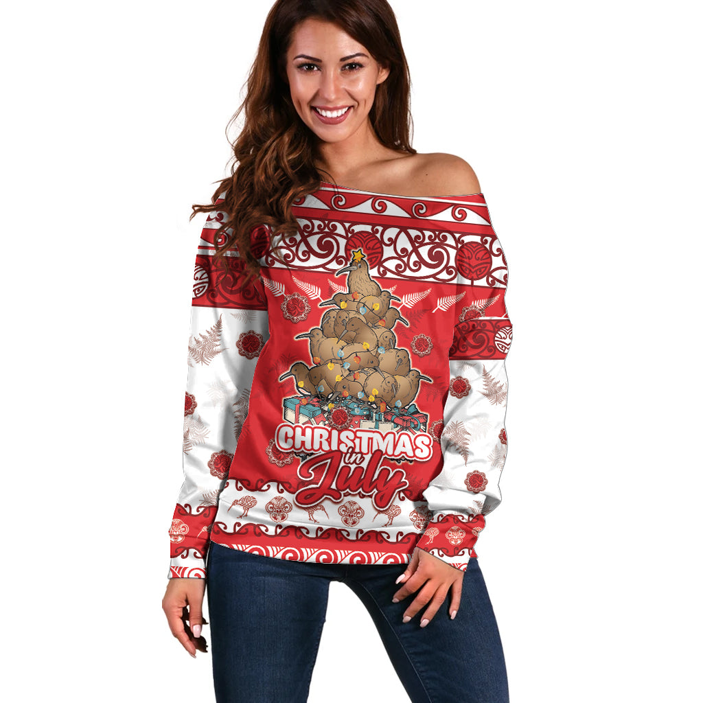 Personalised New Zealand Christmas In July Off Shoulder Sweater Maori Kiwi Xmas Tree - Red LT05 Women Red - Polynesian Pride