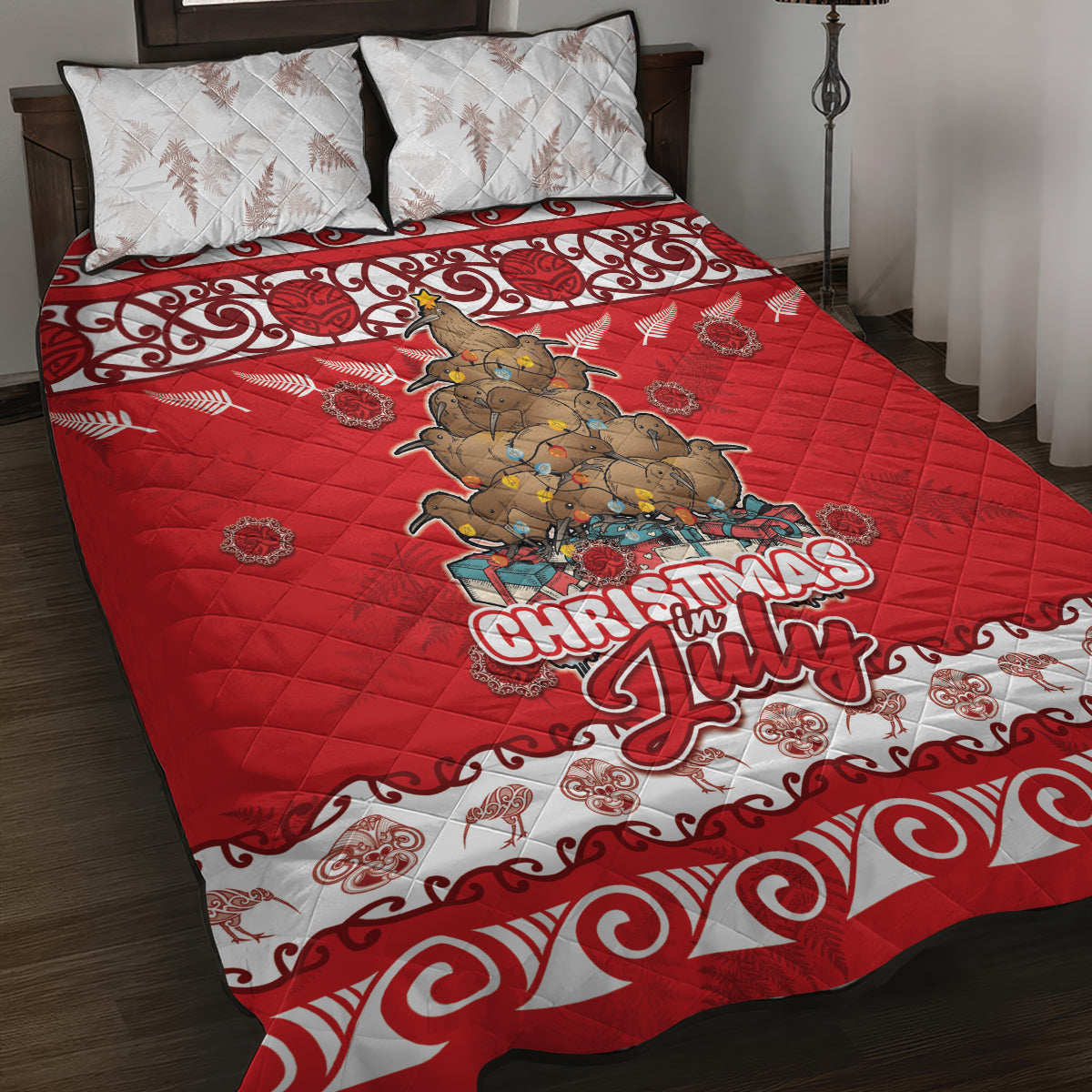 New Zealand Christmas In July Quilt Bed Set Maori Kiwi Xmas Tree - Red LT05 Red - Polynesian Pride