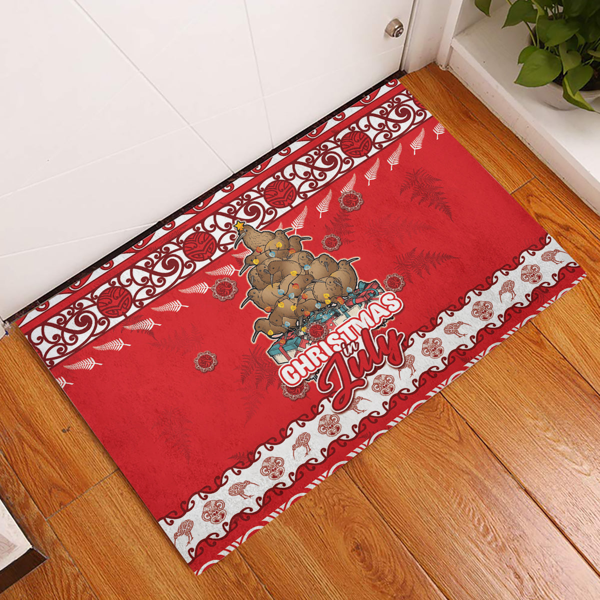 New Zealand Christmas In July Rubber Doormat Maori Kiwi Xmas Tree - Red LT05 Red - Polynesian Pride