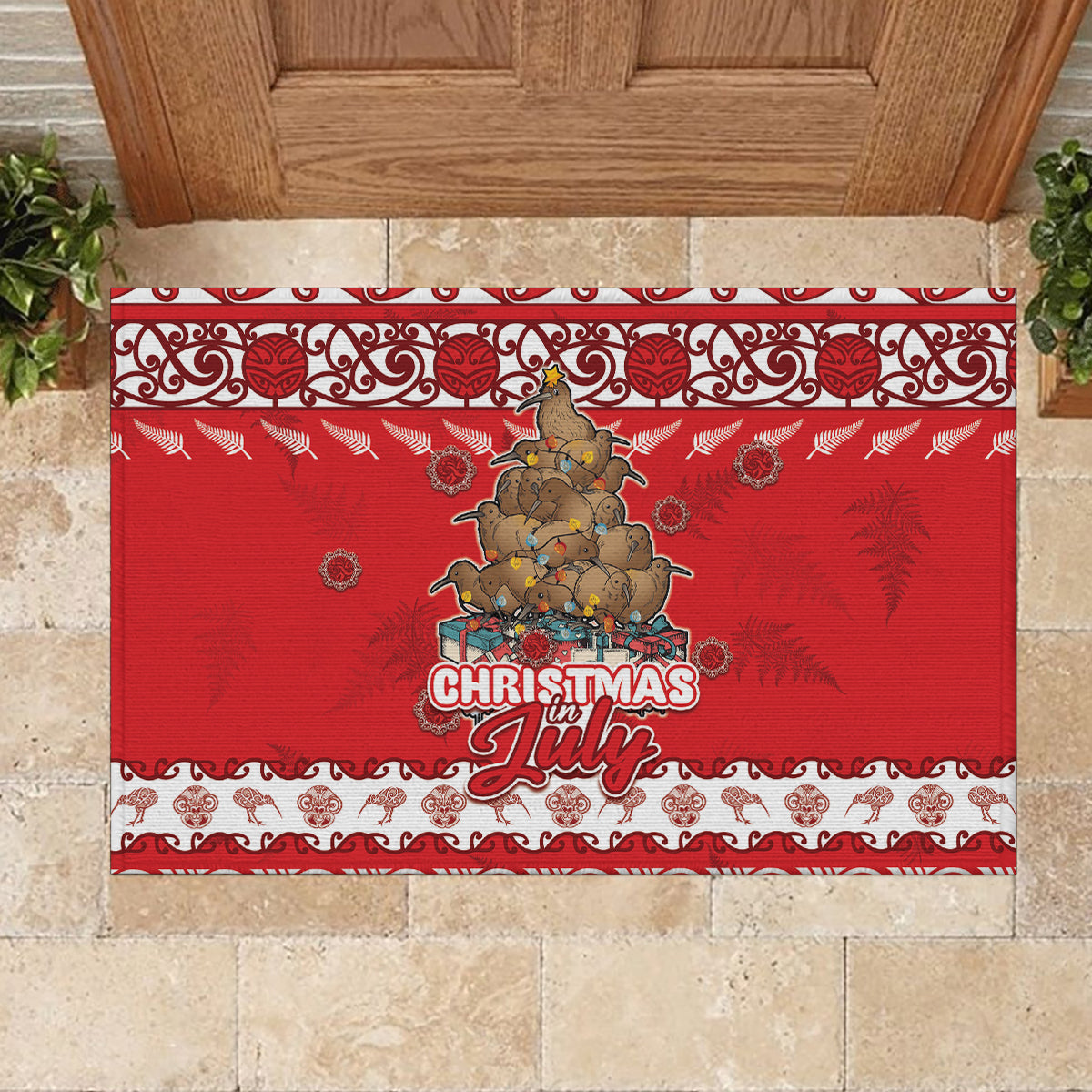 New Zealand Christmas In July Rubber Doormat Maori Kiwi Xmas Tree - Red LT05 - Polynesian Pride