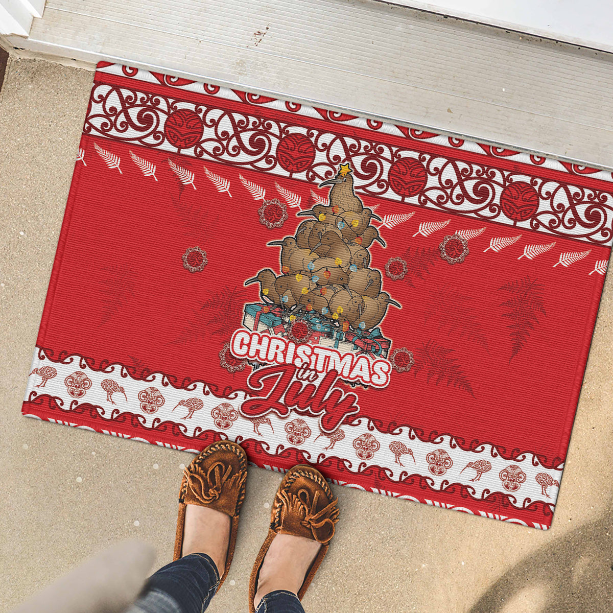 New Zealand Christmas In July Rubber Doormat Maori Kiwi Xmas Tree - Red LT05 - Polynesian Pride