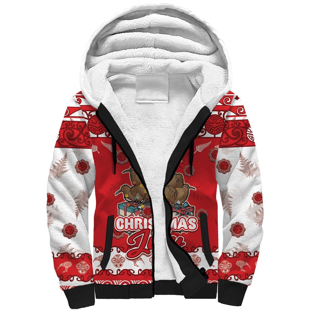 Personalised New Zealand Christmas In July Sherpa Hoodie Maori Kiwi Xmas Tree - Red LT05 Unisex Red - Polynesian Pride