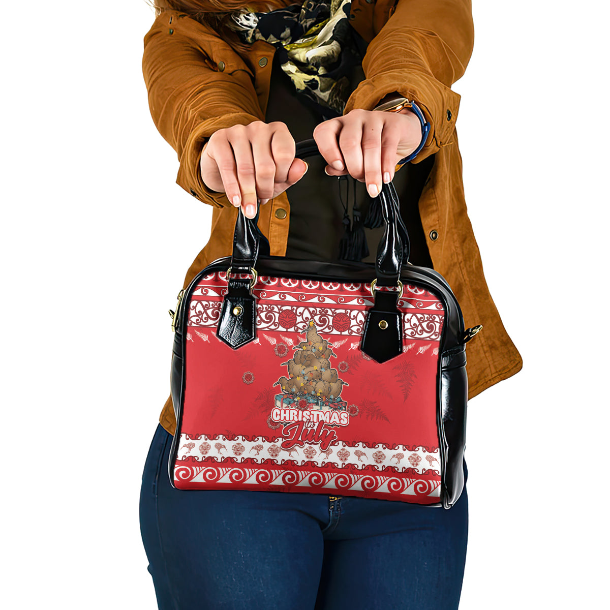 New Zealand Christmas In July Shoulder Handbag Maori Kiwi Xmas Tree - Red LT05 One Size Red - Polynesian Pride