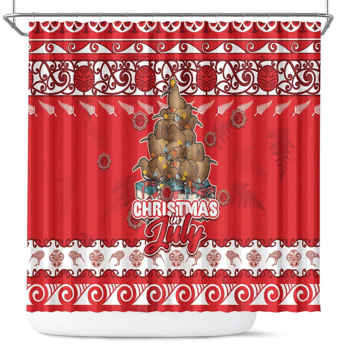 New Zealand Christmas In July Shower Curtain Maori Kiwi Xmas Tree - Red