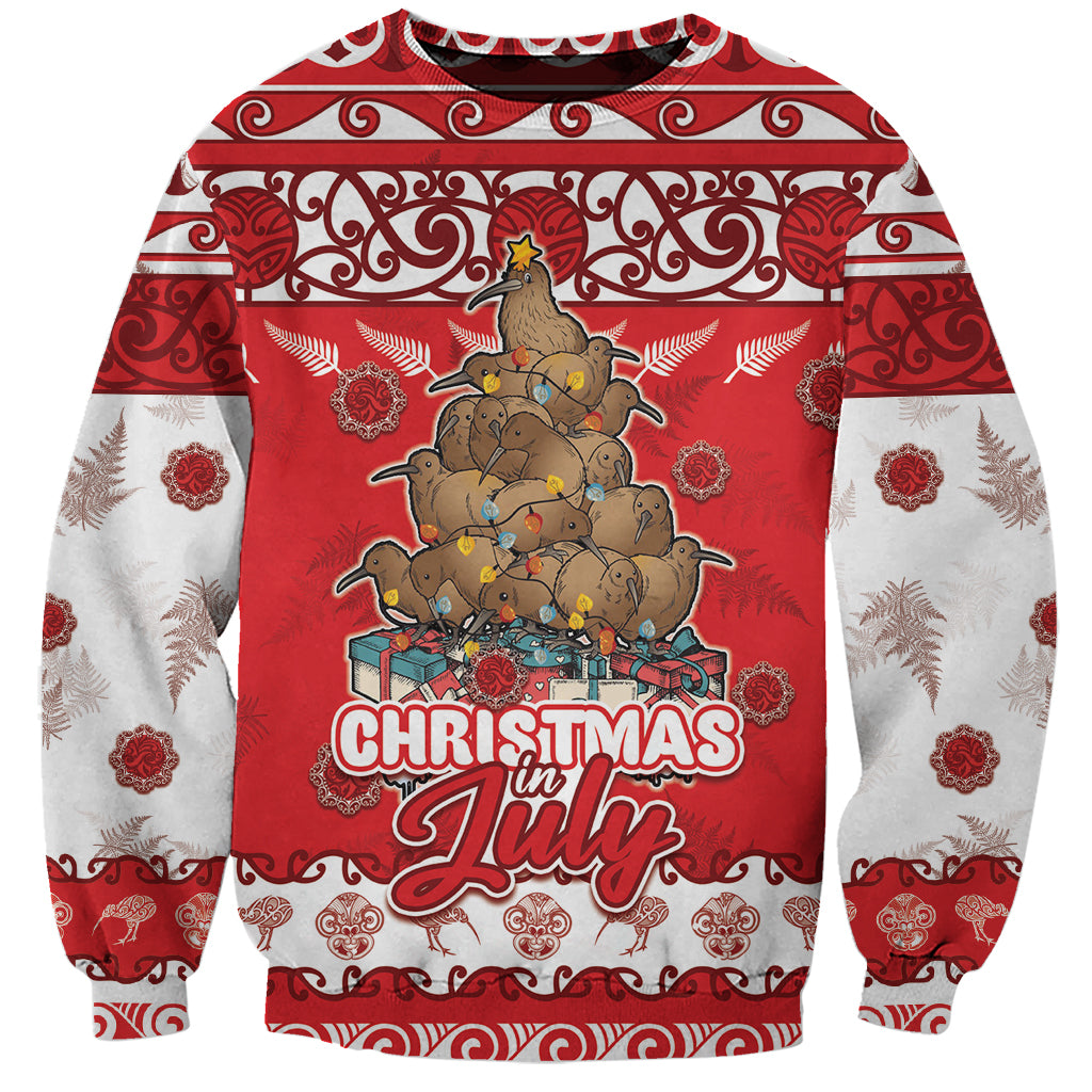 Personalised New Zealand Christmas In July Sweatshirt Maori Kiwi Xmas Tree - Red LT05 Unisex Red - Polynesian Pride