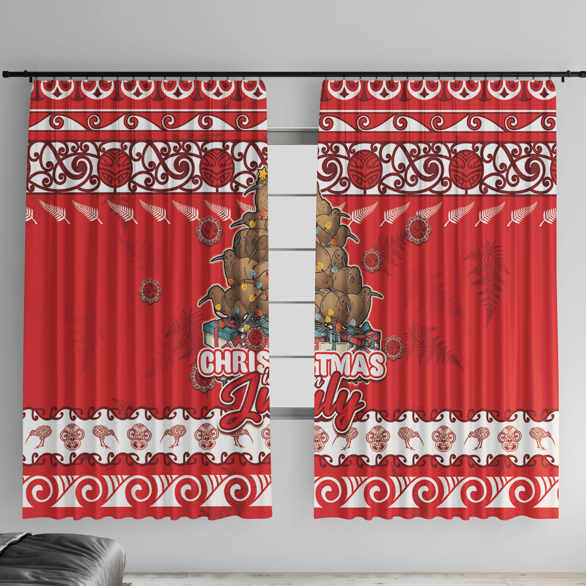 New Zealand Christmas In July Window Curtain Maori Kiwi Xmas Tree - Red LT05 With Hooks Red - Polynesian Pride