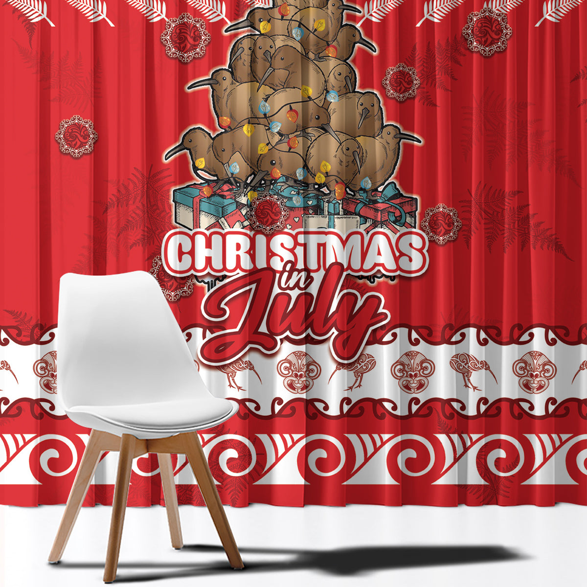 New Zealand Christmas In July Window Curtain Maori Kiwi Xmas Tree - Red LT05 - Polynesian Pride